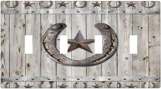 Rustic Western Wood Barn Door Horseshoe Iron Star Quad Toggle Light Switch Covers 4 Gang Wall Plate Decorative Switchplate Electrical Faceplate for Farmhouse Country Bedroom Decor
