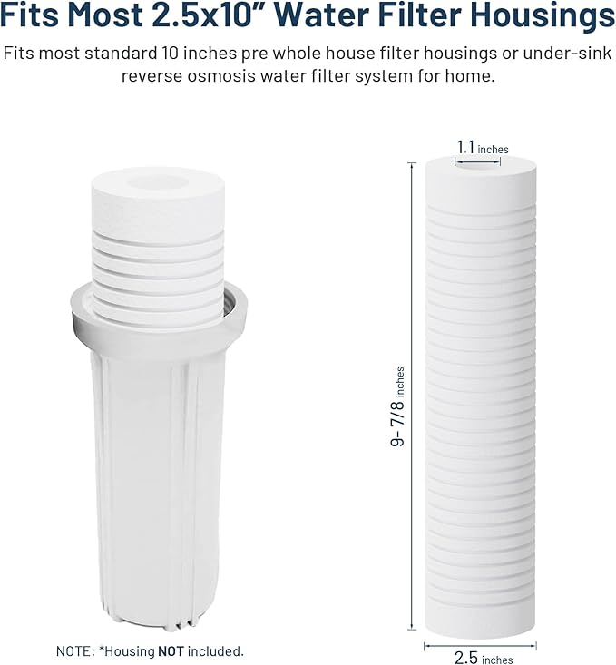 Whole House Water Filter Cartridge Replacement for Well Water, 1 Micron Water Filter 10 x 2.5 Grooved Sediment Water Filter Compatible with AP110, WHKF-GD05, RS14, CFS110, P5, WFPFC5002-6 Pack
