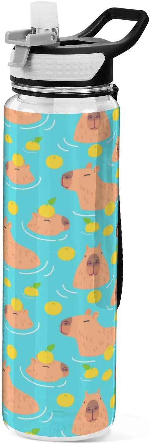 Cute Capybaras Water Bottle with Straw Lemon Sports Bottles BPA-Free Tritan Water Jug with Carrying Strap for Gym Office Outdoor Sports