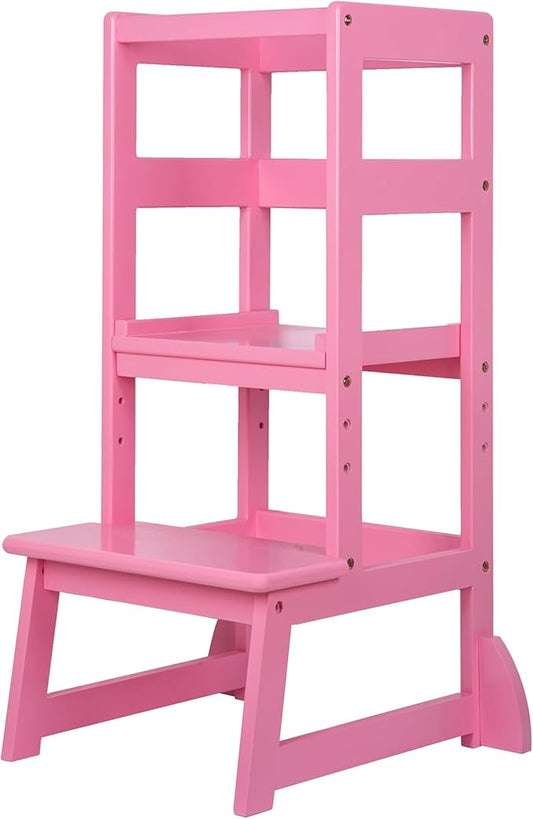 SDADI Mother's Helper Adjustable Height Kitchen Step Stool, Children Kids Toddlers Counter Level Learning Stool for Kitchen & Bathroom, Pink