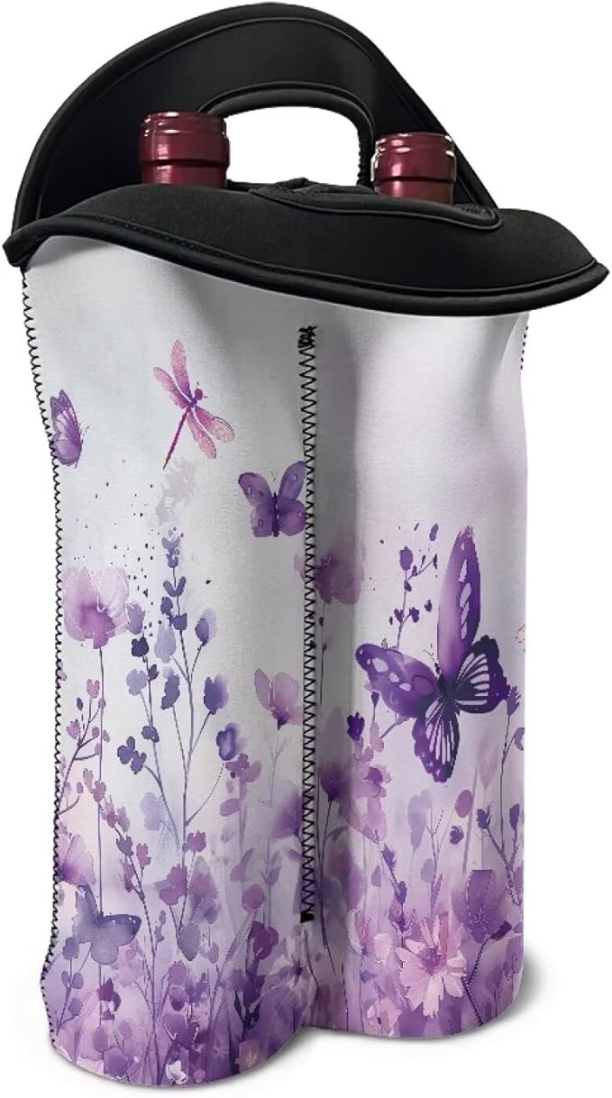 doginthehole Wine Carrier Tote 2 Bottle Wine Bag Aesthetic Watercolor Purple Floral Butterfly Print Neoprene Wine Bottle Holder Water Bottle/Beer/Drinks/Champagne Bottle Protective Bags