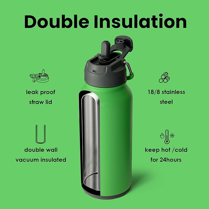 BOTTLE BOTTLE 32oz Insulated Water Bottle Stainless Steel Sport Water Bottle with Straw Dual-use Lid Design for Gym with Pill Box (summer forest)