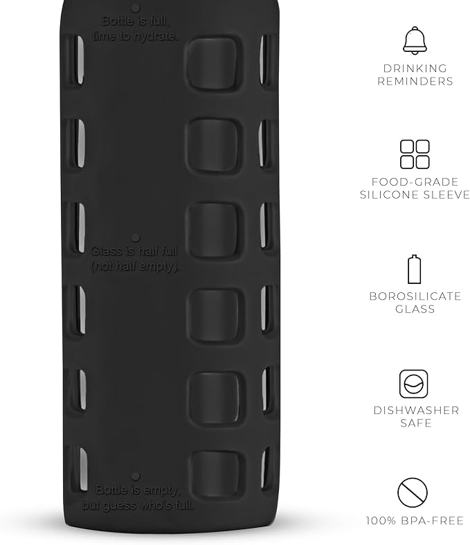 purifyou Premium 40/32 / 22/12 oz Glass Water Bottles with Volume & Times to Drink, Silicone Sleeve & Stainless Steel Lid Insert, Reusable Bottle for Fridge Water, Milk, Juice (12oz Jet Black)