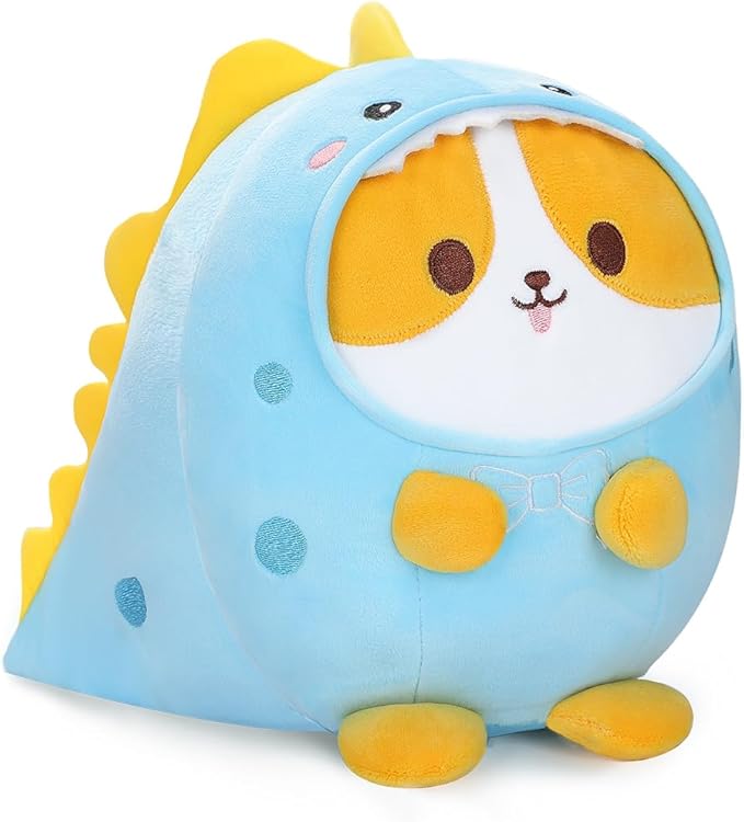 Cute Plush Corgi Dinosaur Stuffed Animal Pillow, 8" Soft Kawaii Shiba Inu Corgi Plushie with Dinosaur Outfit Gift for Kids