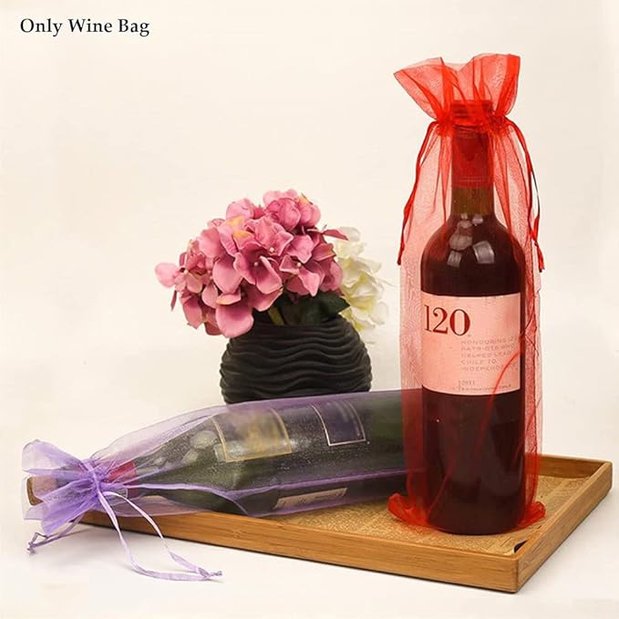 Kakalote 30pcs Sheer Organza Wine Bags, Design Fine Mesh Wine Gift Bag, Reusable Bottle Bags for Travel, Wedding, Birthday, and Dinner Party(Light Purple)