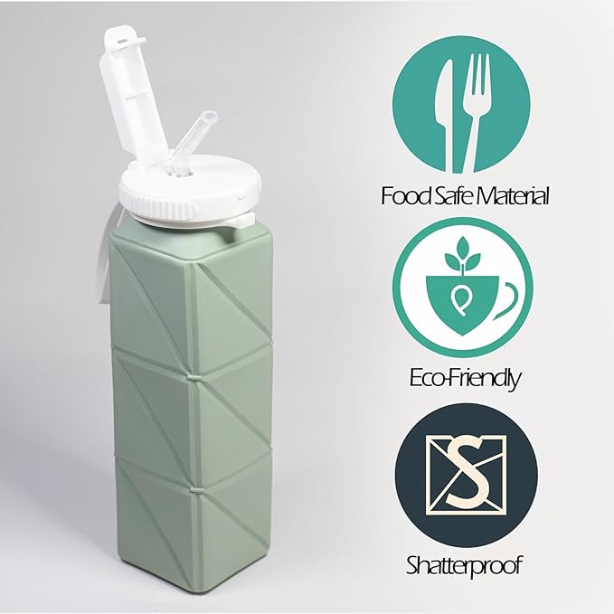 Collapsible Water Bottle, Silicone Foldable Water Bottles For Travel, Easy-To-Carry Design And Compact Size, BPA Free, 20 oz (2-Pack, Green & Gray (Cuboid))