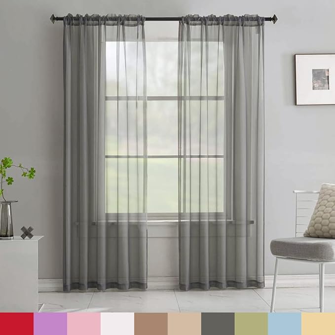 Grey Sheer Voile Curtains Translucent Solid Color Window Treatment 84 Inches Long Panels Rod Pocket Charcoal Grey Sheer Curtains for Bedroom Living Room 2 Panels 52x84 Gray