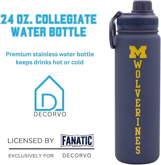 Michigan Wolverines Water Bottle - Navy Double Walled Stainless Steel 24 oz Keeps Drinks Cold or Hot