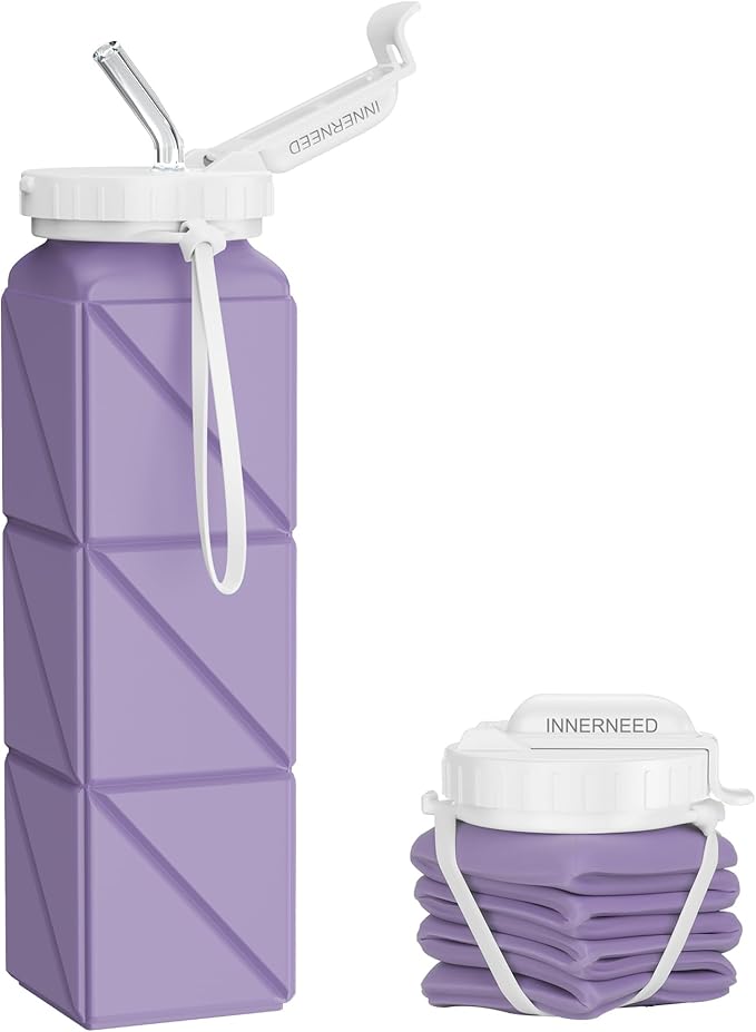 INNERNEED Collapsible Drinking Water Bottle with Straw, Reuseable Leakproof BPA Free Silicone Foldable Sports Gym Bottle, with Carrying Strap (1pack, Purple)