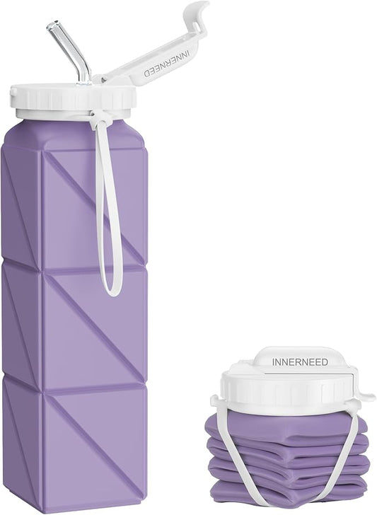 INNERNEED Collapsible Drinking Water Bottle with Straw, Reuseable Leakproof BPA Free Silicone Foldable Sports Gym Bottle, with Carrying Strap (1pack, Purple)