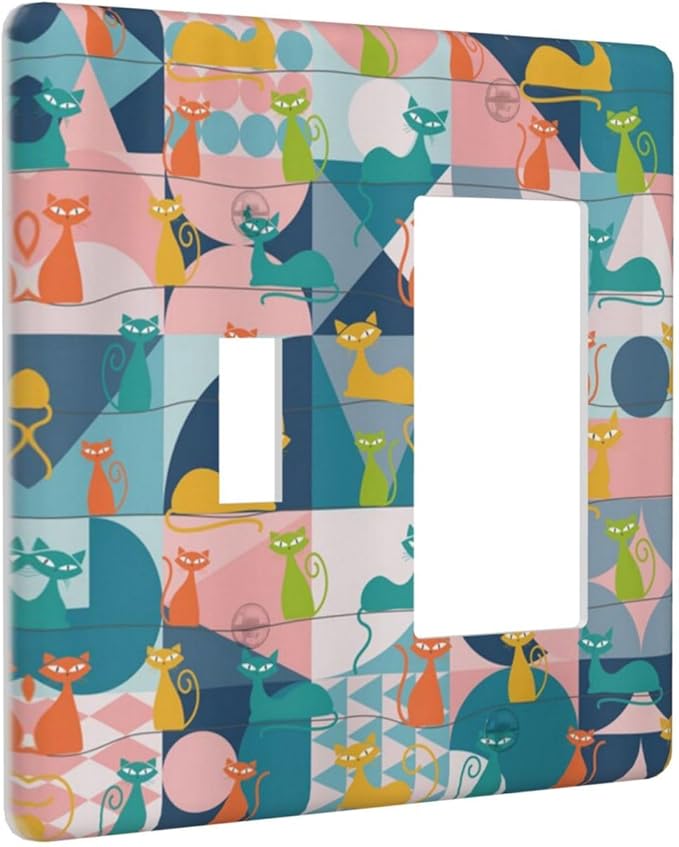 Mid Century Modern Atomic Cute Cats 2 Gang Single Toggle Rocker Combination Light Switch Covers Wall Plate Cover Electrical Faceplate Decorative Switchplate for Kidroom Nursery Bedroom Decor