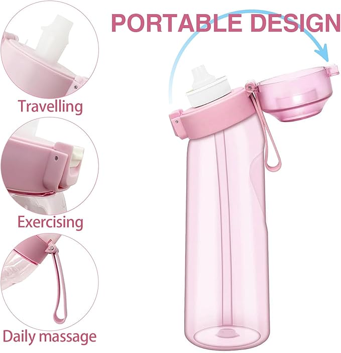Water Bottle with 7Pcs Air Flavor Pods, Air Bottle Pods Water Bottle, Flavor Caps with Water Bottle, Fruit Scent Pods for Outdoor Sport(Pink-7 Pods)