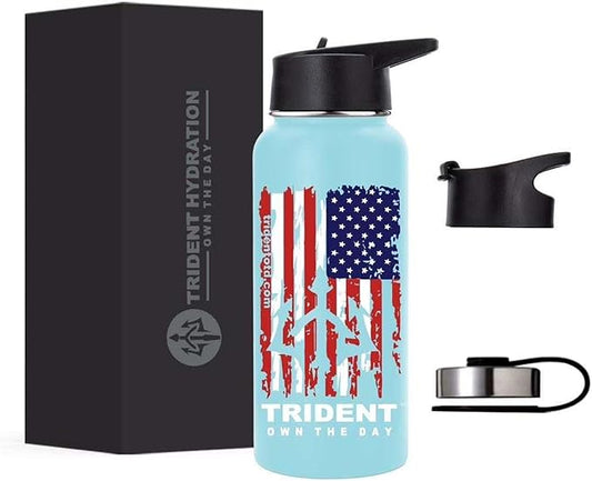 American Flag Water Bottle, 32 oz Insulated Water Bottle, Reusable Water Bottle with Straw, Leak Proof Water Bottles, Thermos Water Bottle - Combat Veteran Small Business (Light Blue, 32 Oz)