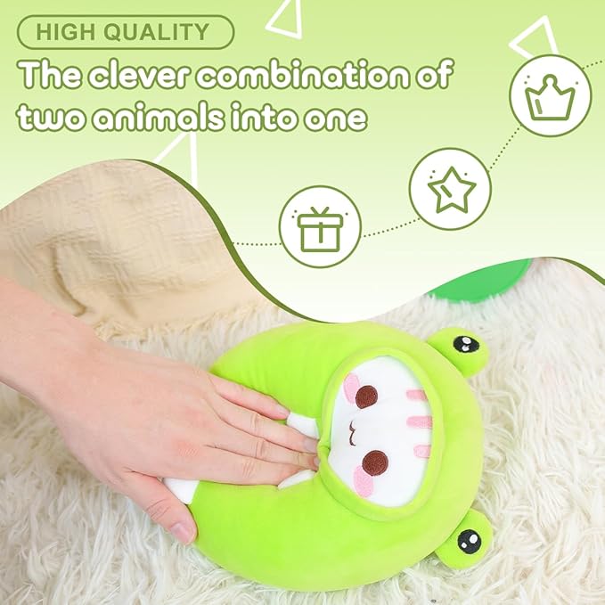 Cute Plush Frog Cat Stuffed Animal Pillow, 8" Soft Kawaii Kitten Plushie with Frog Outfit Gift for Kids