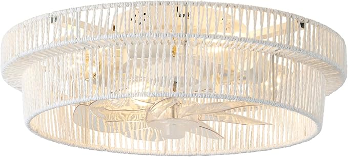 Woven Caged Ceiling Fans with Lights,20 in White Wicker Fandelier, Enclosed Boho Fan with Light for Bedroom Kitchen Living Room