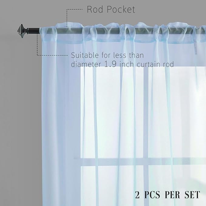 Sky Blue Sheer Curtains 72 Inches Long for Bedroom Rod Pocket Sheer Voile Curtains Panels Light Filtering Baby Blue Sheer Drapes for Windows/Living Room/Boys/Kids Room 52x72 2 Panels