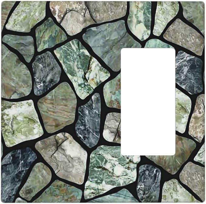 Green Stone Texture Combo Single Blank 1 Rocker Light Switch Wall Plate Cover Decorative 2-Gang for Electrical Room Bathroom Bedroom Home Kitchen One Decora Receptacle 4.5" x 4.6"