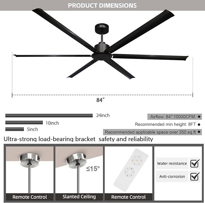 GESUM 84 Inch Ceiling Fans with Remote Control, Industrial Ceiling Fan with 6 Aluminum Blades, Reversible, 6-Speeds, Large Ceiling Fan for Porch/Garage/Shop (Black)