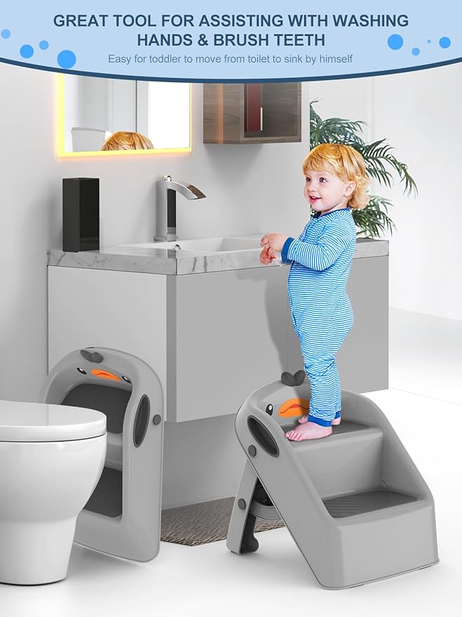 Toddler Kids Step Stool for Bathroom Sink Dark Grey | Foldable 2 Step Stool for Kids 1-4 Years Old | Dual Height 15.5" Child Kitchen Helper with Handles - Easy to Move, Slip-Resistant