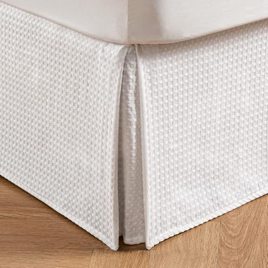 MIYE Pleated Waffle Weave Bed Skirt, Tailored Dust Ruffle 18 Inch Drop Easy Fit, Machine Washable (White, Full - 18" Drop)