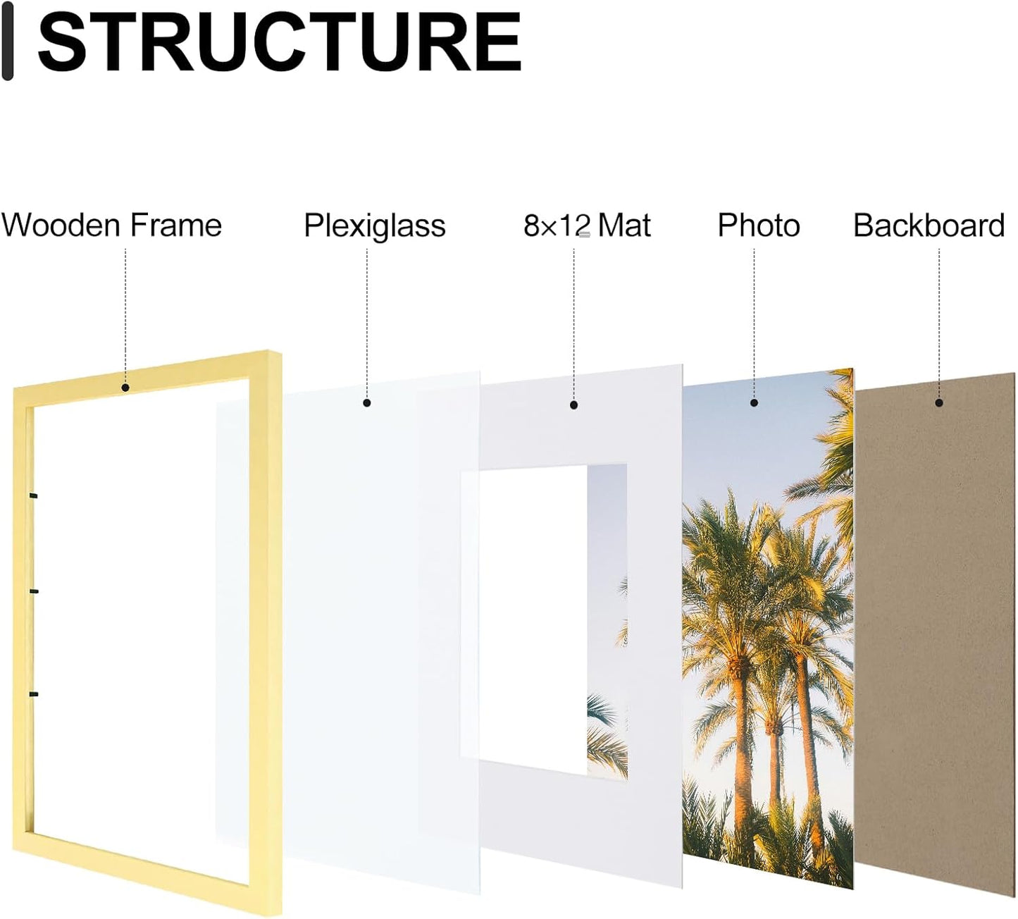 Vittanly 11x17 Picture Frames Set of 9, Shatter Resistant Plexiglass, Display 8x12 Pictures with Mat or 11x17 without Mat, Photo Frames for Wall Mount, Engineered Wood, Gold