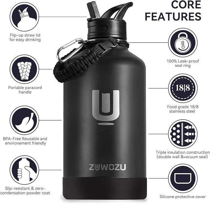 Half Gallon Water Bottle Insulated, 64oz Stainless Steel Water Bottle with Straw, Spout & Handle Lid, Half Gallon Water Jug with Carrier Bag w/Strap, Perfect for Hot&Cold Drinks (Black, 64oz)