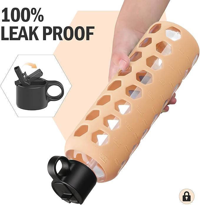 MUKOKO Glass Water Bottles, 32oz Glass Tumbler, Drinking Bottles with 2 Lids-Handle Flip Straw Lid&Bamboo Lid, Motivational Water Bottle with Time Marker and Silicone Sleeve, Leakproof-1 Pack-Amber