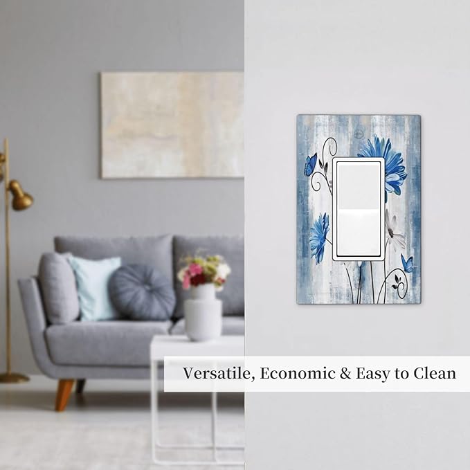 Rustic Teal Blue Daisy Floral Farmhouse 1 Gang Rocker Light Switch Covers Single Decora Outlet Wall Plate Decorative Switchplate Faceplate GFCI for Country Bathroom Bedroom Kitchen Decor