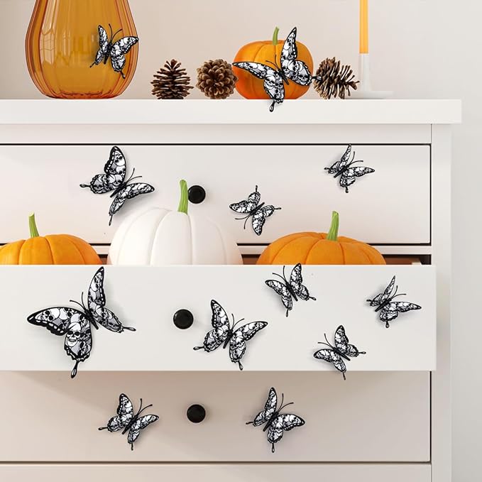 Halloween Wall Decor 3D Skull Butterfly Wall Stickers Halloween Decorations Black Skeleton Butterfly Wall Decals Removable Skull Stickers for Gothic Home Decor Bedroom Room Window Supplies 12Pcs