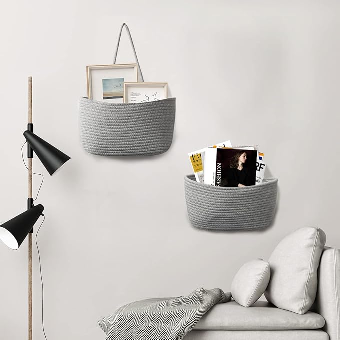 TeoKJ 2 Tier Over the Door Organizer, Wall-Mounted Storage Hanging Basket, Decorative Cotton Rope Hanging Baskets, Gray