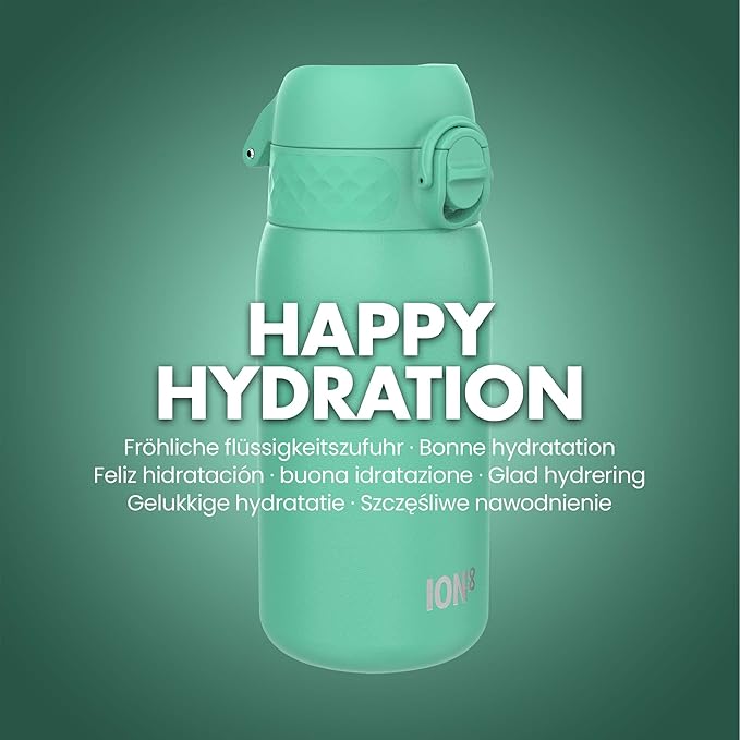 Ion8 Kids Water Bottle, Steel 400 ml/13 oz, Leak Proof, Easy to Open, Secure Lock, Dishwasher Safe, Flip Cover, Carry Handle, Easy Clean, Durable, Scratch Resistant, Carbon Neutral, Teal Green