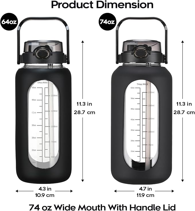 74 oz Glass Water Bolttles with Straw Large Motivational Water Bottle with Time Marker Sports Water Bottles with Silicone Sleeve and Handle Lid 2.2L Water Jug for Gym Workout