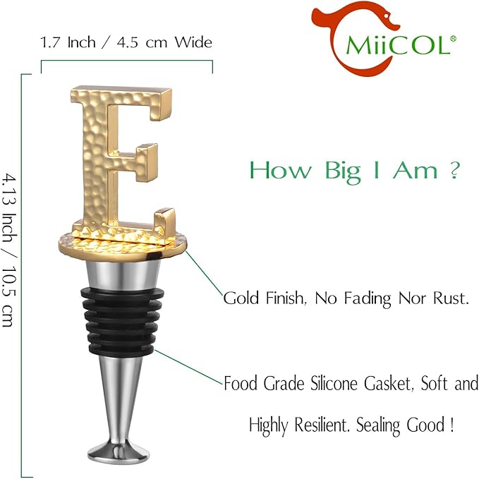 Miicol Wine Stopper, Prosecco Stopper, Wine Bottle Stopper, Personalised Champagne Stopper, Gold Wine Accessories, Wine Lovers Gift, Monogram Gift, Letter E