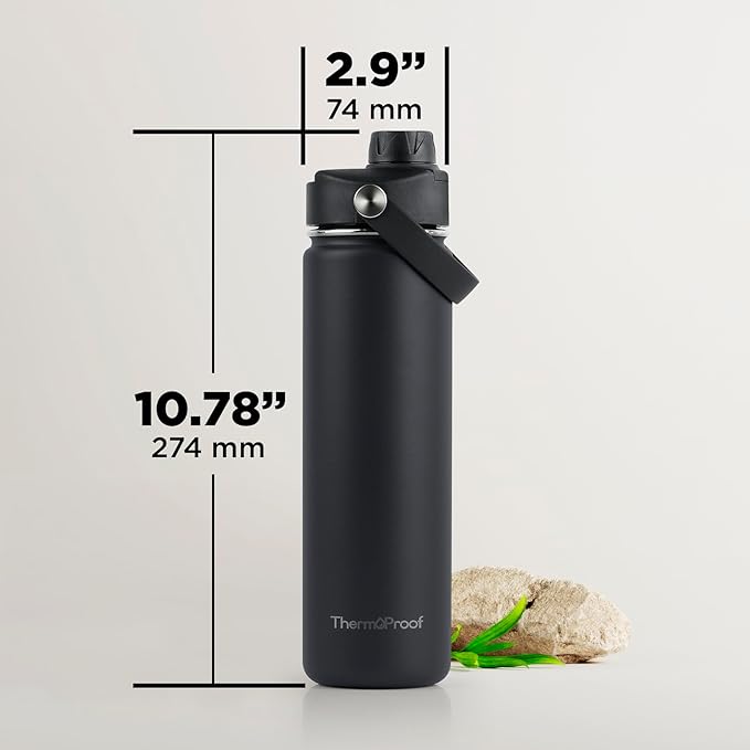 ThermoProof Hot & Cold Insulated Stainless Steel Water Bottle, Durable Leak Proof Gym Bottles for Men, Women & Kids, Double Walled Vacuum Bottles - 2 Lids (Black, 22oz)