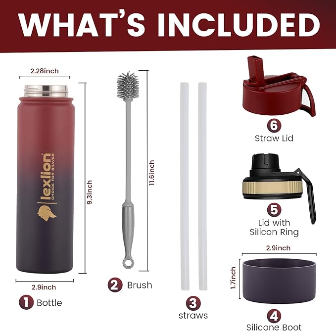 Water Bottle 22oz, Triple Walled Insulated Stainless Steel Reusable Bottle, Silicone Sleeve, Cleaning Brush, 2 Lids (Spout lid & Straw lid w/2 straw), Metal Mug Gallon, BPA Free, Dark Rainbow