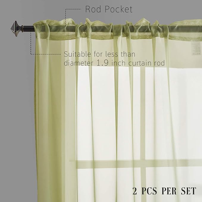 Sage Sheer Voile Curtains Translucent Solid Color Window Treatment 72 Inches Long Panels Rod Pocket 72 Inch Length curtains sheer Sage Green Sheers for Bedroom Living Room 2 Panels 52x72