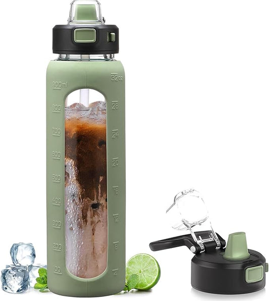 Kodrine Water Bottle with Soft Straw and Carry Loop, 32 oz Glass Water Bottle with Locking Lid, Clear Water Bottles Sports, Drinking Bottle for Travel Home Gym, Leakproof(Olive)