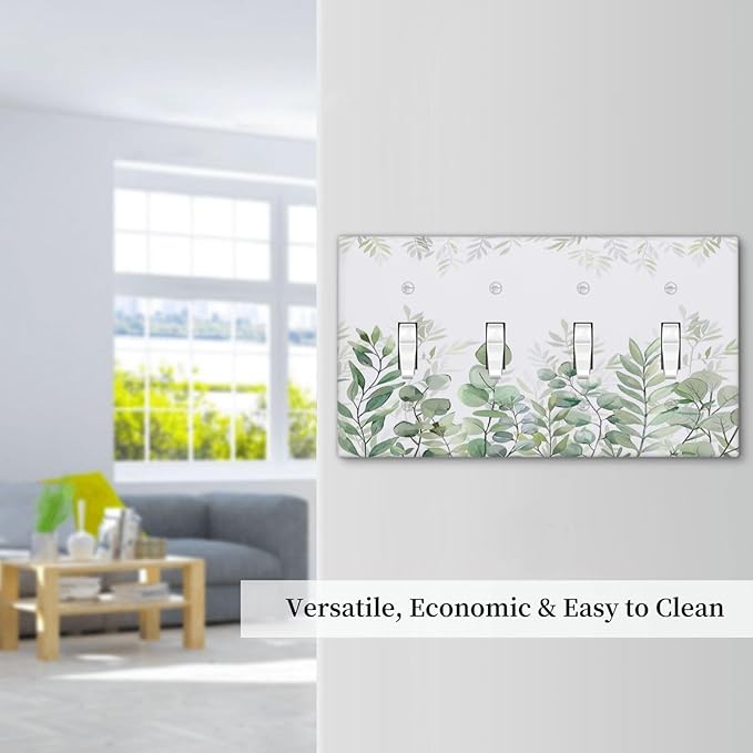 Green Eucalyptus Rustic Botanical Plant Leaves Quad Toggle Boho Light Switch Covers Decorative 4 Gang Wall Plate Electrical Faceplate Switchplate for Country Bedroom Bathroom Decor