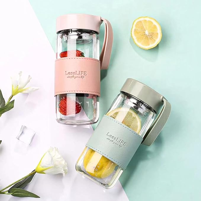 Snminetal 16 oz Borosilicate glass water bottle-with sealing cap and Holsters and filters Reusable Portable Glass drinking Bottle Apply to Make tea, coffee, office Go To School (Blue+Green)