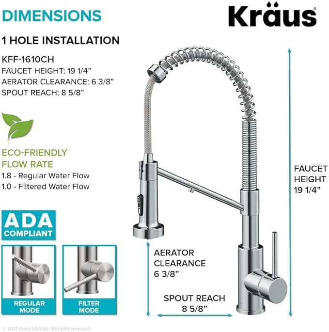 KRAUS Bolden 2-in-1 Commercial Style Pull-Down Single Handle Water Filter Kitchen Faucet for Water Filtration System in Chrome, KFF-1610CH