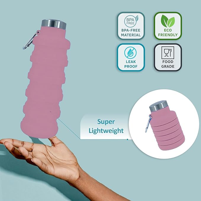 Collapsible Water Bottles 17oz, Odorless BPA-Free Silicone, Leak-Proof Foldable Reusable Bottle - Perfect for Travel Sports Gym Hiking Camping Cycling - Pink