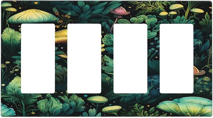 Green Dark Forest Mystical Mushroom 4 Gang Rocker Decora Light Switch Cover Outlet Covers Wall Plate Decorative Switchplate Electrical Faceplate GFCI for Country Bathroom Bedroom Kitchen Decor