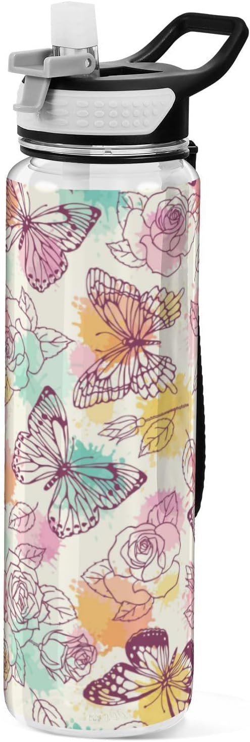 Water Bottle with Straw Butterflies Roses Sports Bottles BPA-Free Tritan Vintage Water Jug with Carrying Strap for Women Men Gym Outdoor Sports