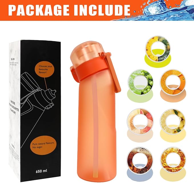 Water Bottle with Flavor Pods 21.9 Oz/650ml Fruit Fragrance Water Bottle Recyclable Sports Air Water Cup Scented Pods for Outdoor (Orange)