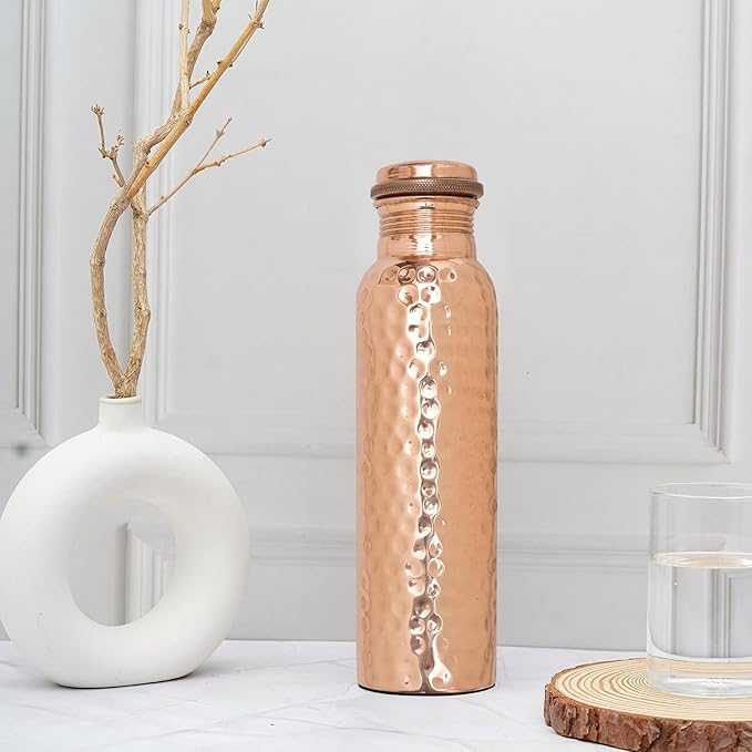 VJR Copper Bottle For Drinking 33 Oz Ayurvedic Leak Proof lid Hammered Design Durable Lightweight Hand Washable Vessel Clean Cool Water Natural Minerals Boost Energy Safe Water Utensil