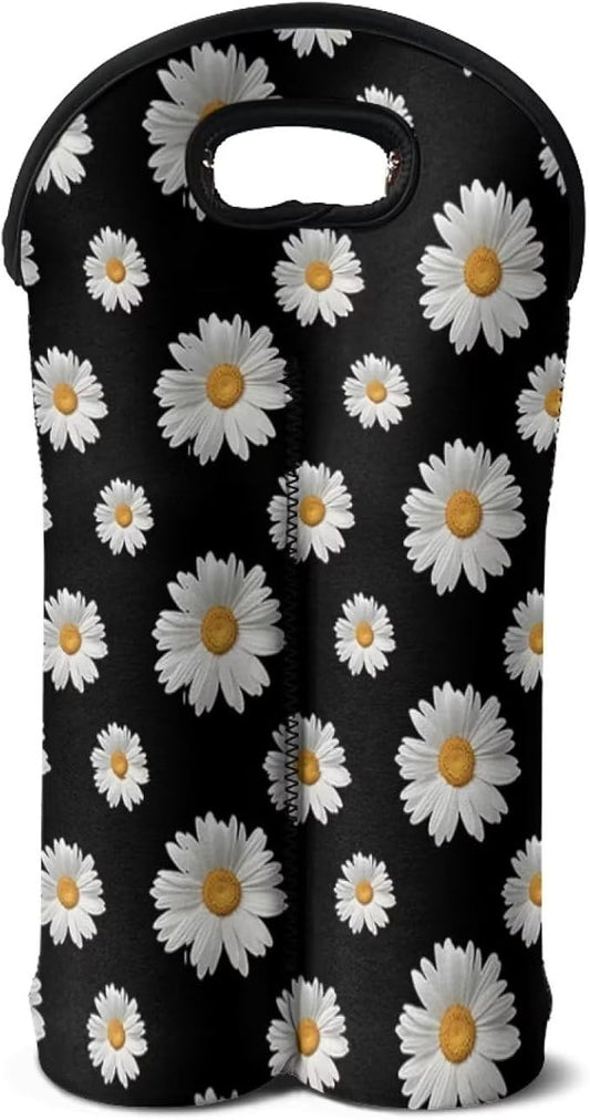 doginthehole 2 Bottle Wine Carrier Daisy Champagne Carrier Bag Neoprene Wine Tote Bags Reusable Wine Bottle Protector Insulated Wine Bag Wine Cooler Bag Wine Accessories Gift for Women Wine Lover