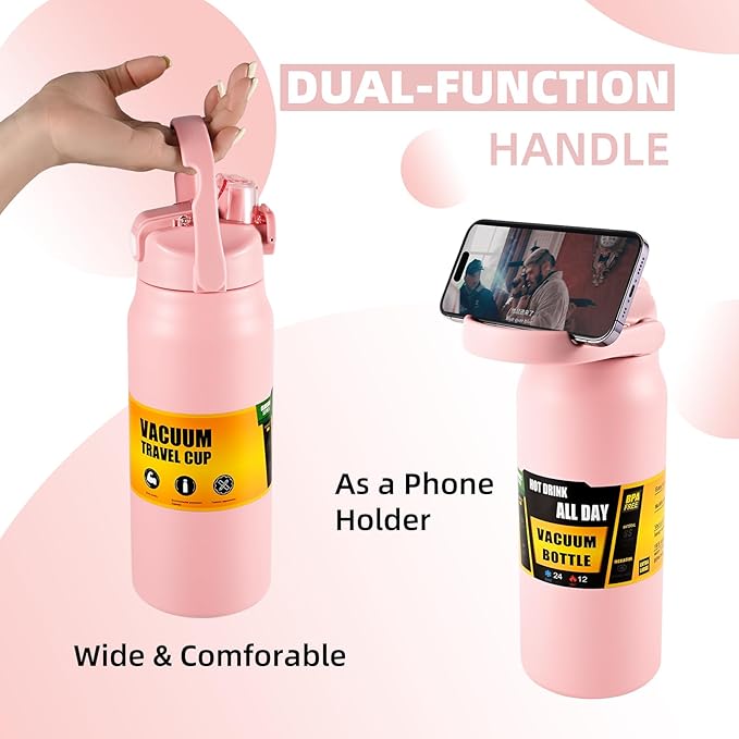 ColorSub 50oz Insulated Water Bottle With 2-in-1 Straw and Chug Leakproof Lid, BPA Free Stainless Steel Wide Mouth Sports Water Cup Flask Pink