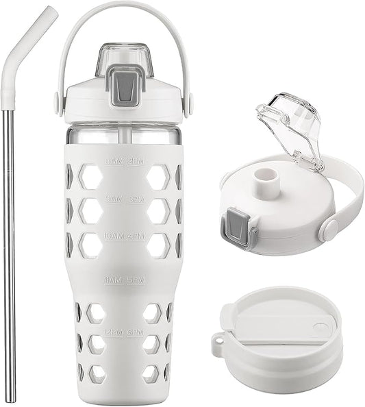 MUKOKO 32 oz Glass Tumbler with Straw,Glass Water Bottles with Time Marker,Iced Coffee Cup with 2 Lids-Handle Spout Lid&Straw Lid,Silicone Sleeve,Leakproof,1 Pack-White