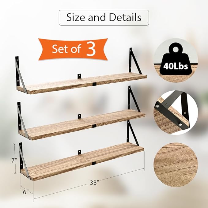 Floating Book Shelves for Wall Set of 3, Wall Bookshelf, 33 inch Long Wood Shelf for Wall Storage, Hanging Shelving for Bedroom, Bathroom, Living Room, Kitchen, Office and Plants (Carbonized Black)