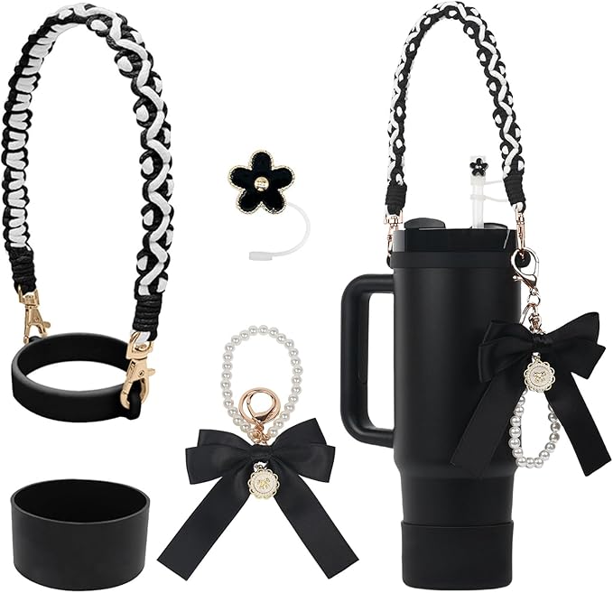 Stanley Cup Accessories Set- Water Bottle Handle Strap, Stanley Cup Protective Silicone Boot, Straw Lid Bow Design Stanley Charms for Stanley Cup 40oz /30 oz Tumbler (black)